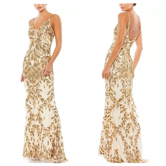 Mac Duggal Embellished Leaf Evening Gown Nude/Gold Size 14 NWT - Picture 1 of 14